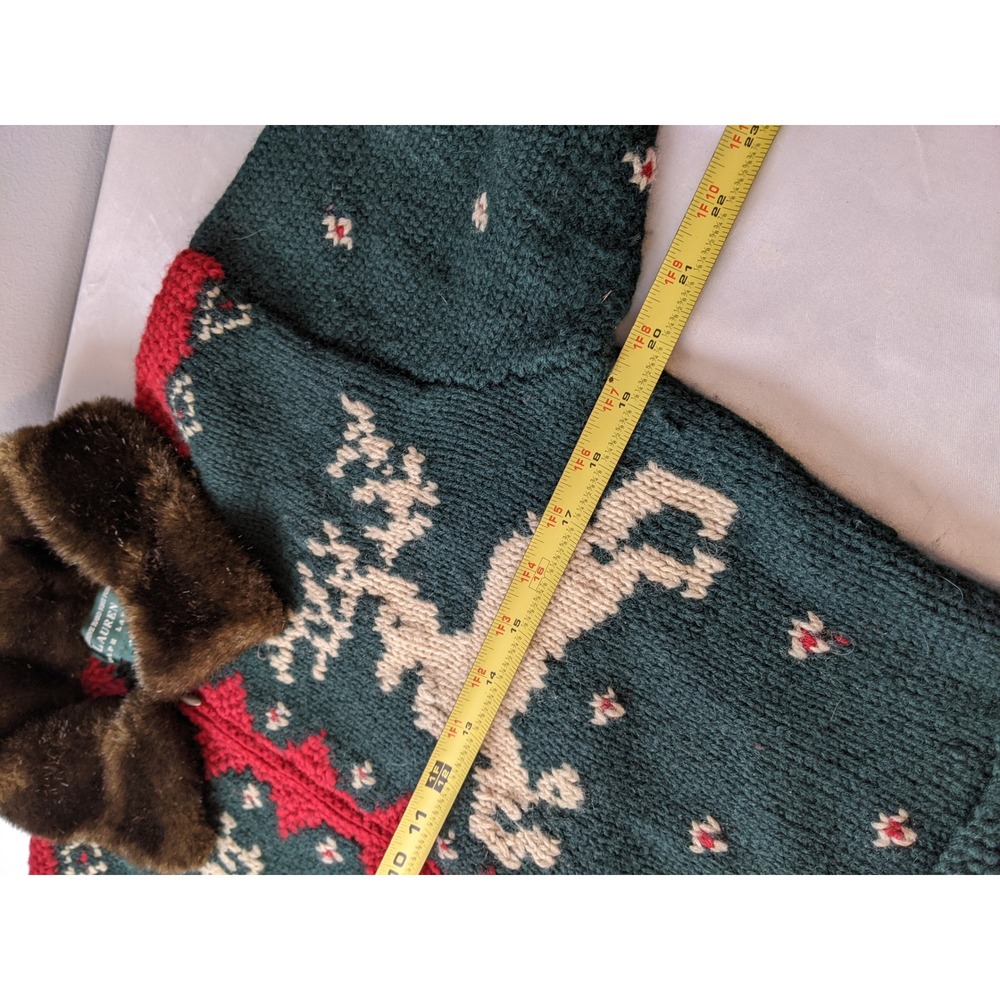 Lauren Ralph Lauren Hand Knit Wool Reindeer Faux Fur Zip Cardigan Green Red M - Picture 4 of 8